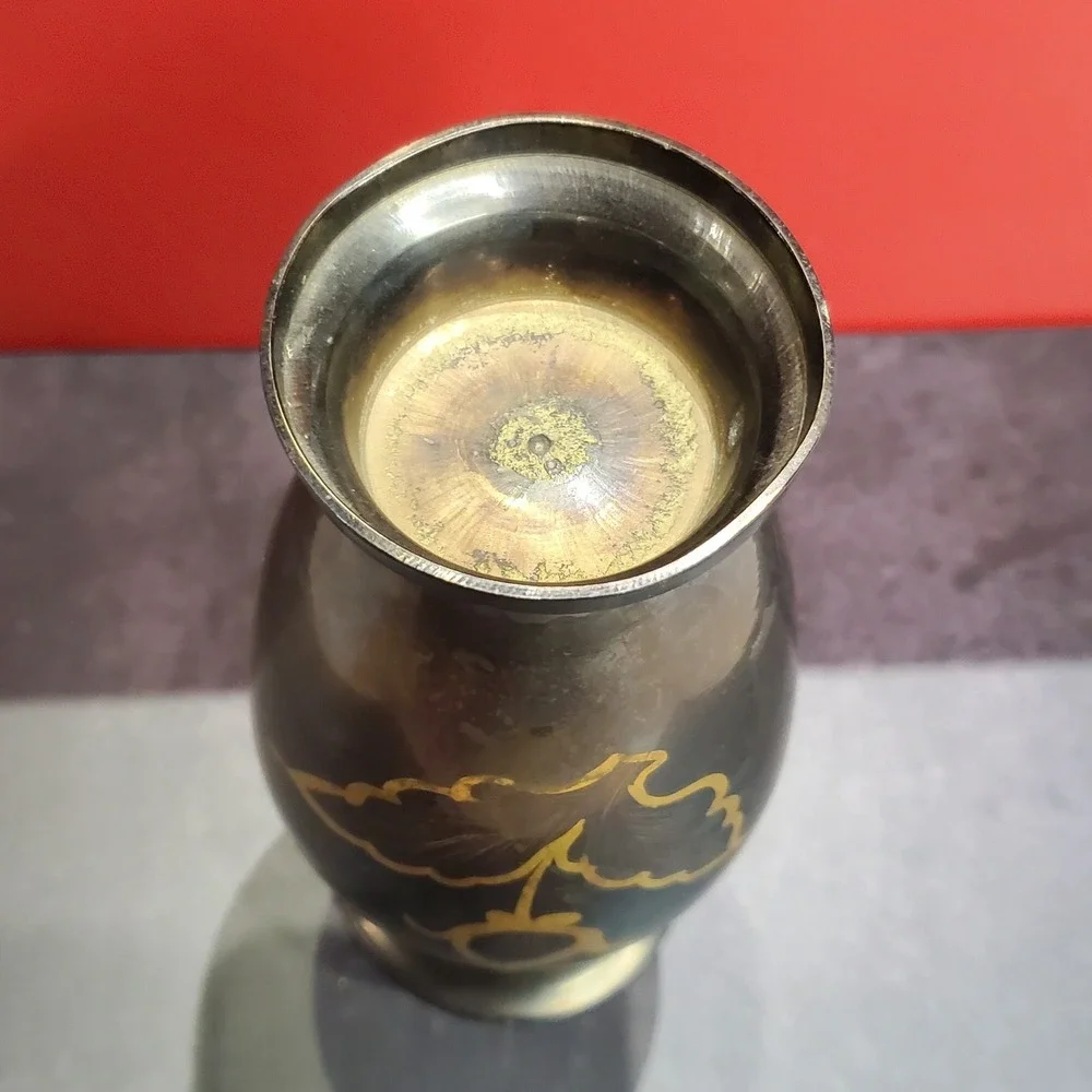 Vintage Hand-Etched Black & Gold Brass‎ Vase Made in India Mid-Century Decor